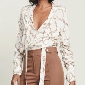 Ecru Chain Print Tie Silk Blouse